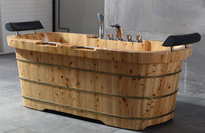 65" 2 Person Free Standing Cedar Wooden Bathtub with Fixtures & Headrests