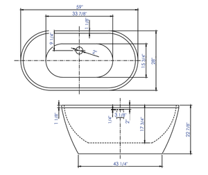 59 inch White Oval Acrylic Free Standing Soaking Bathtub