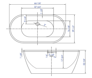 67 inch White Oval Acrylic Free Standing Soaking Bathtub