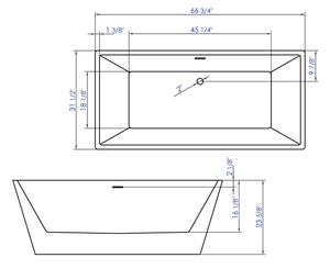 67 inch White Rectangular Acrylic Free Standing Soaking Bathtub