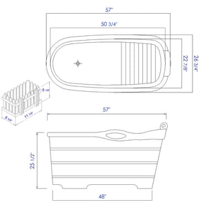 57" Free Standing Rubber Wooden Soaking Bathtub with Headrest