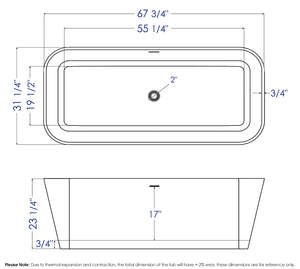 67" Black & White Matte Rectangular Solid Surface Resin Soaking Bathtub