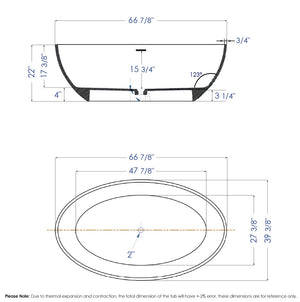 67" White Oval Solid Surface Smooth Resin Soaking Bathtub