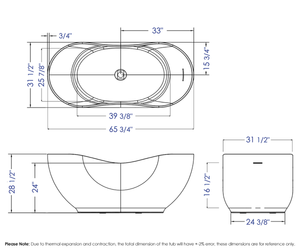 66" White Solid Surface Smooth Resin Soaking Bathtub