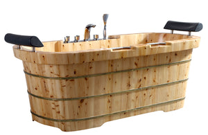 65" 2 Person Free Standing Cedar Wooden Bathtub with Fixtures & Headrests