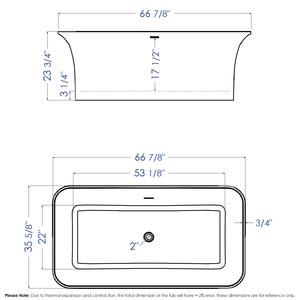 67" White Rectangular Solid Surface Smooth Resin Soaking Bathtub