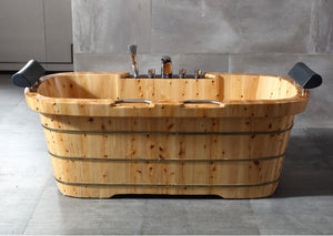 65" 2 Person Free Standing Cedar Wooden Bathtub with Fixtures & Headrests