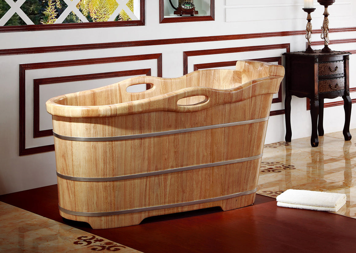 57" Free Standing Rubber Wooden Soaking Bathtub with Headrest