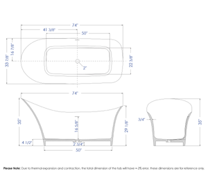 74" White Solid Surface Smooth Resin Soaking Slipper Bathtub