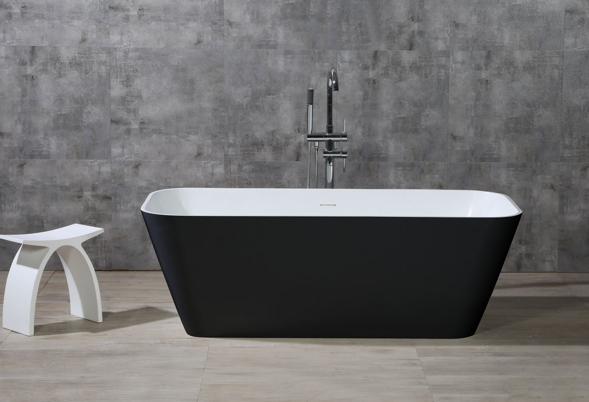 67" Black & White Matte Rectangular Solid Surface Resin Soaking Bathtub