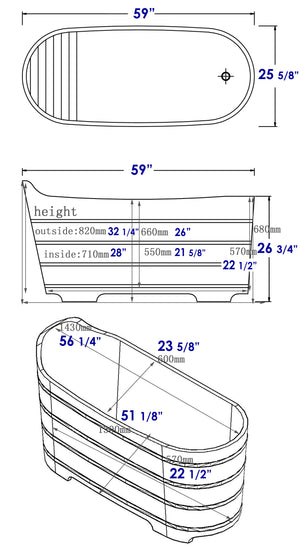 59" Free Standing Cedar Wood Bathtub with Bench