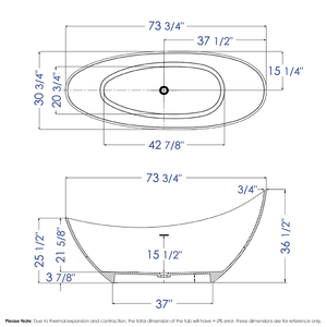 73" White Solid Surface Smooth Resin Soaking Slipper Bathtub